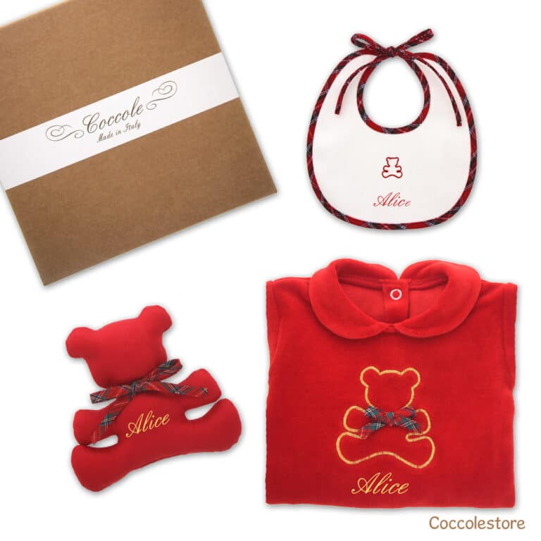 Regalo nascita personalizzato tutina bavaglino e doudou rosso