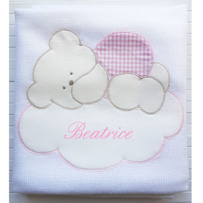 Copertina Personalizzata in maglia orsetto su nuvola Bianco Rosa