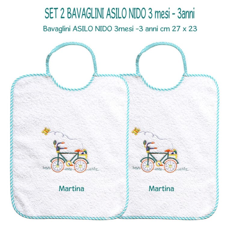 Coccole - Set Asilo Materna 2 Bavaglini Personalizzati - Set Doppio Bavaglino cotone Anallergico - Kit Asilo Materna 2pz Bimbo con Tema Cuore Azzurro - Kit Personalizzabile 100% Made in Italy