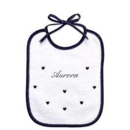 Personalized baby terry bib with little hearts embroidery.