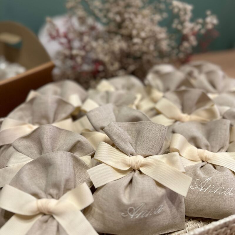 Sacchetti Bomboniere Personalizzate Battesimo misto lino ecrù/panna