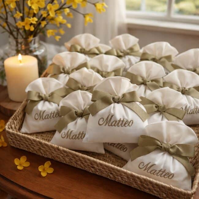 Sacchetti Bomboniere Personalizzate Battesimo misto lino bianco ecrù