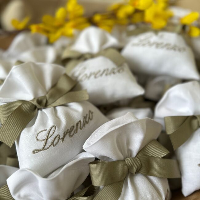 Sacchetti Bomboniere Personalizzate Battesimo misto lino bianco ecrù