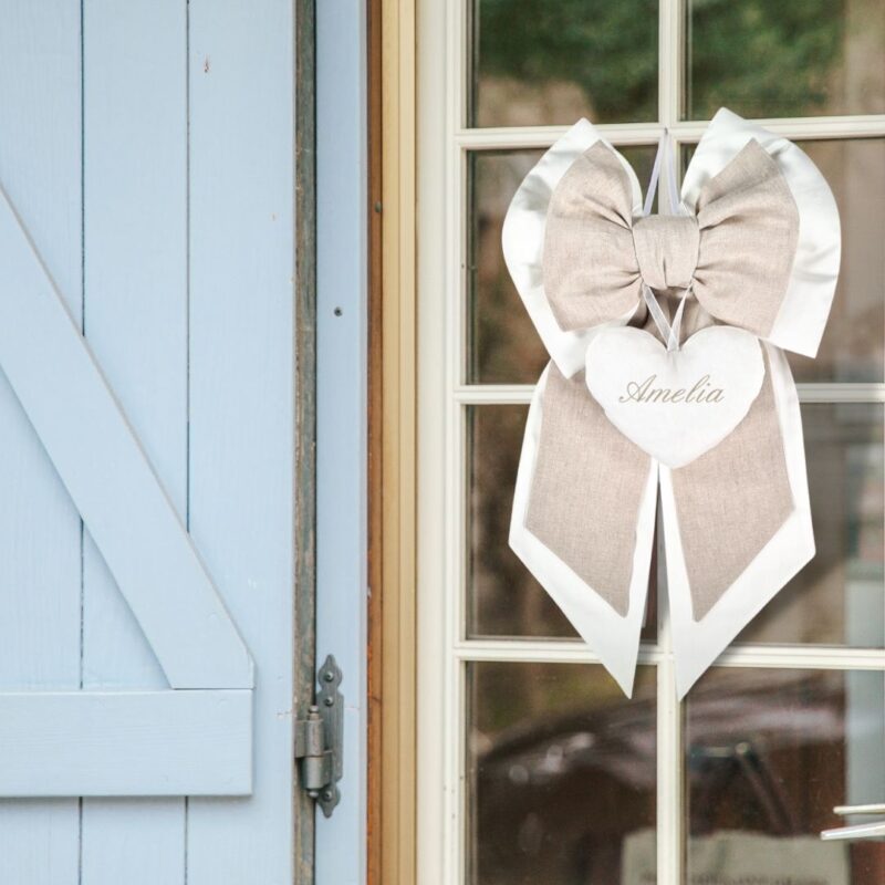 Fiocco Nascita Personalizzato bicolore con Cuore in Piquet