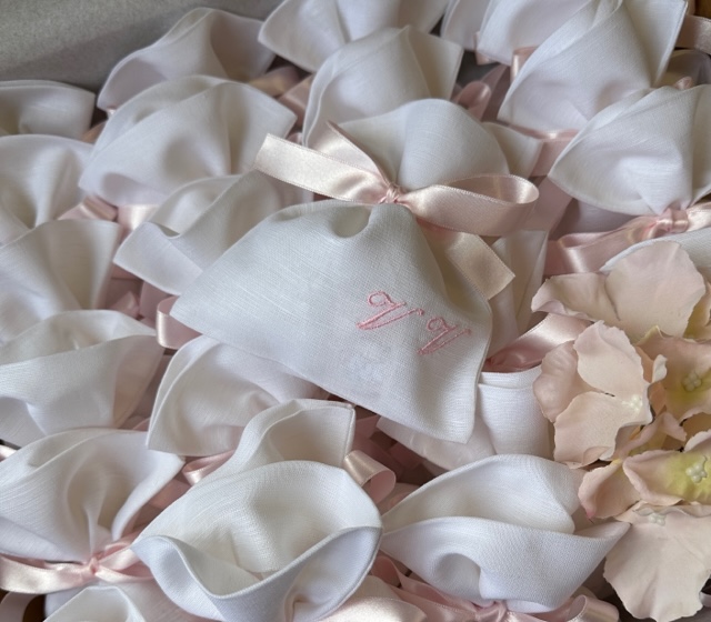 Sacchetti Bomboniere battesimo Personalizzate misto lino Bianco raso rosa