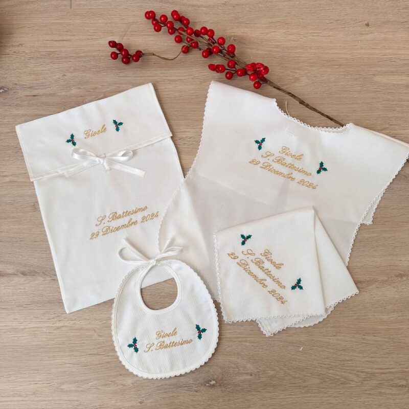 Set Battesimo agrifoglio 4 pezzi Personalizzato in piquet