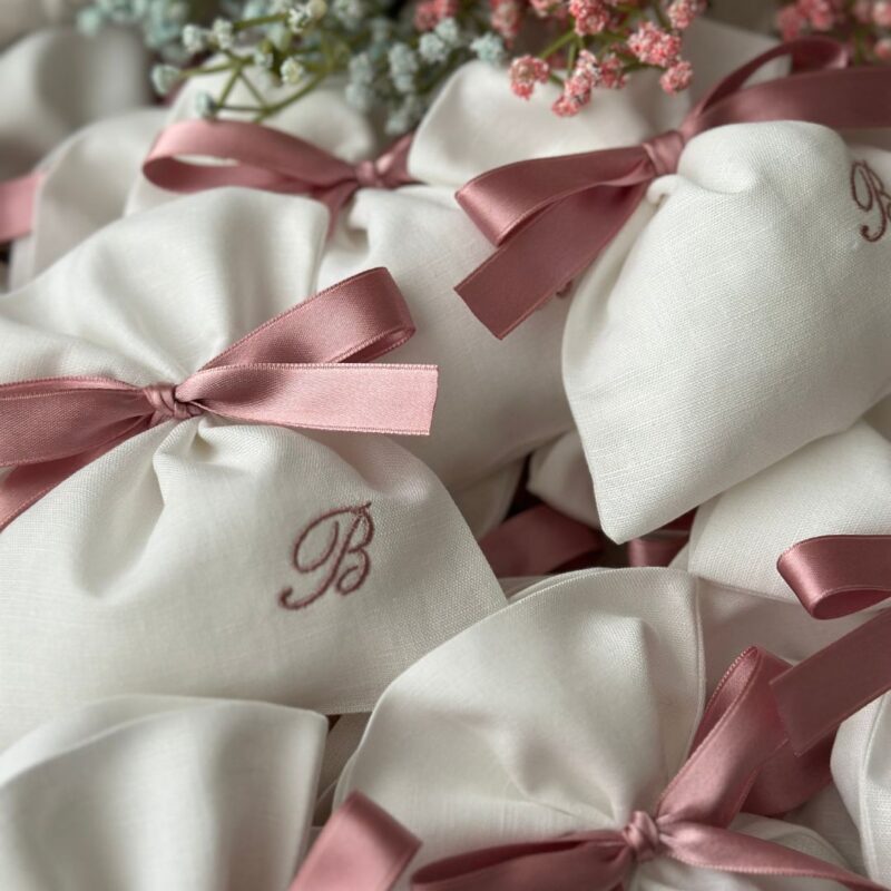 Sacchetti Bomboniere battesimo Personalizzate misto lino Bianco raso Malva