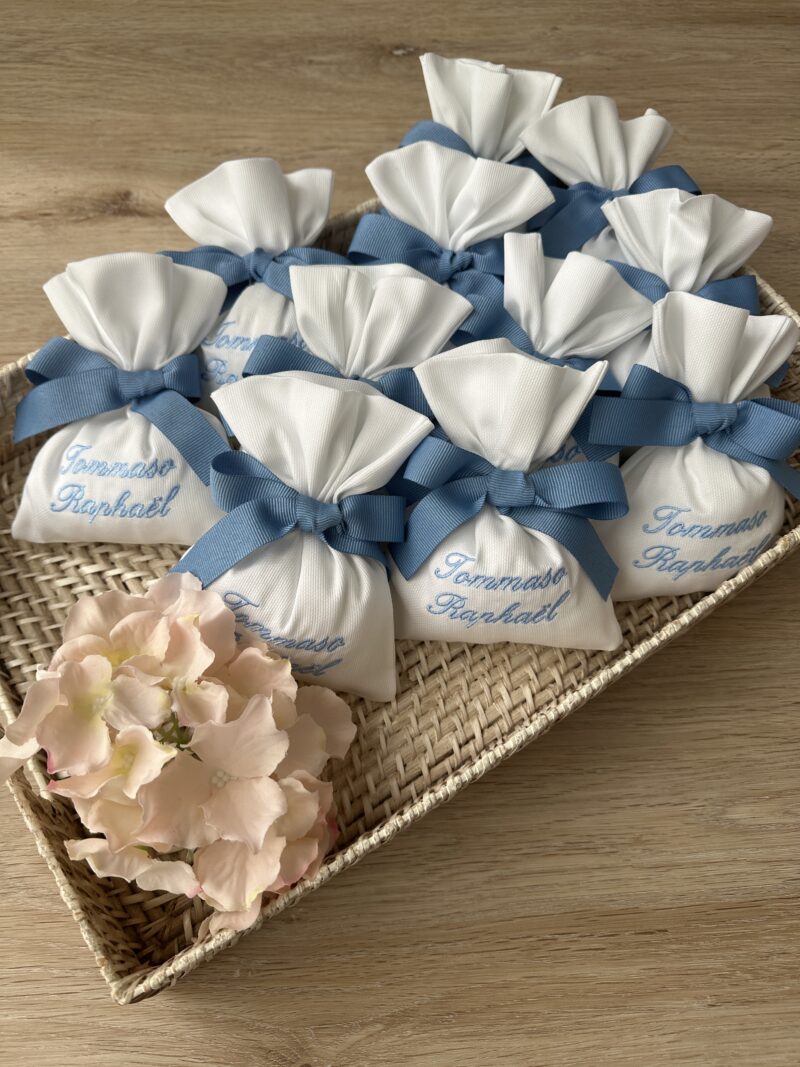 Sacchetti Bomboniere Personalizzate Battesimo misto lino avio