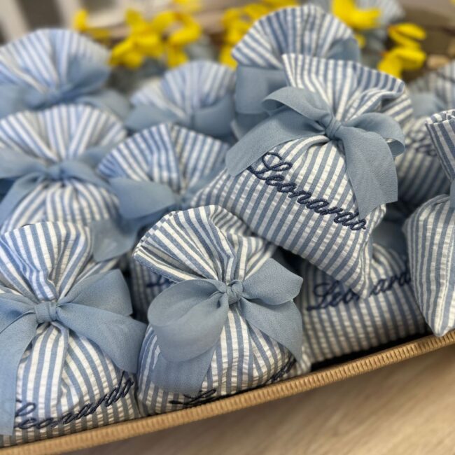 Sacchetti Bomboniere Personalizzate Battesimo riga azzurra