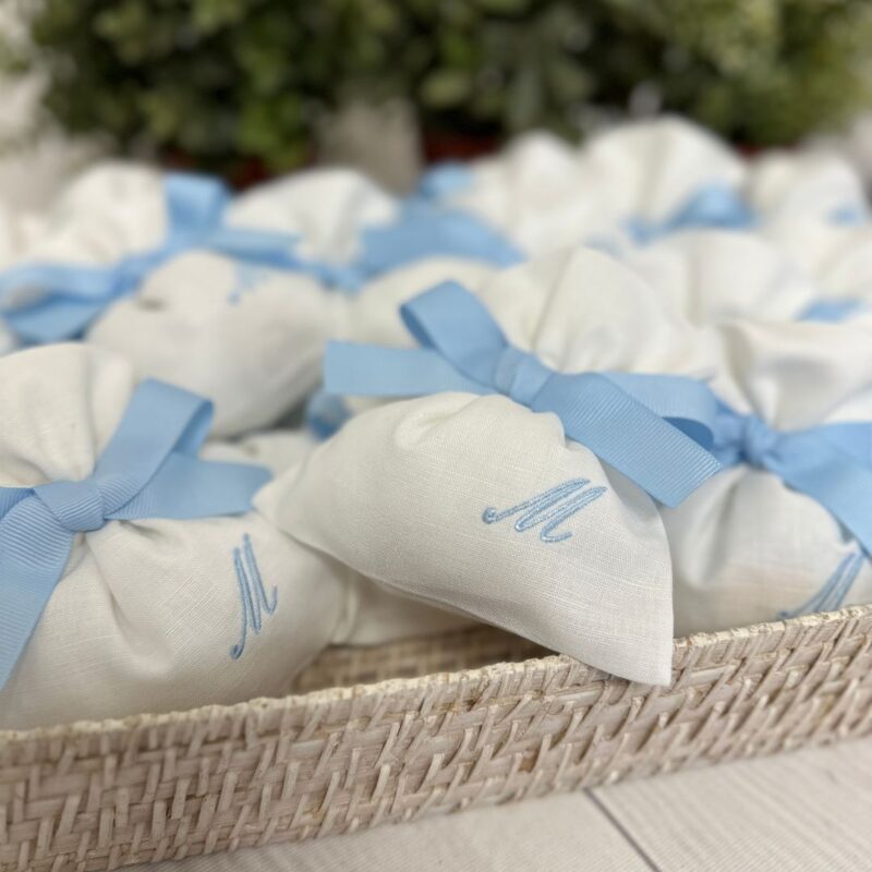 Sacchetti Bomboniere Personalizzate Battesimo misto lino canetè azzurro