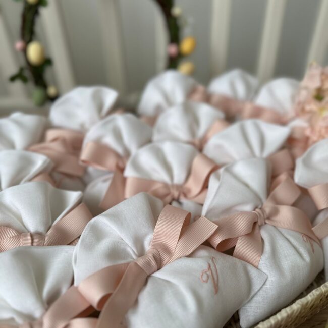Sacchetti Bomboniere Personalizzate Battesimo misto lino canetè cipria