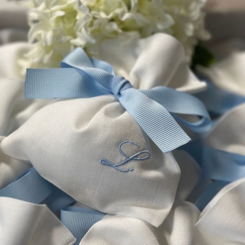 Sacchetti Bomboniere Personalizzate Battesimo misto lino canetè azzurro