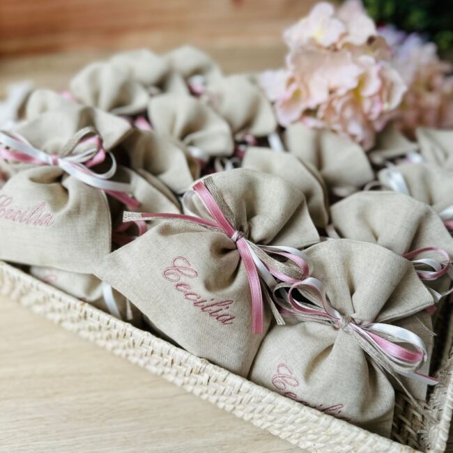 Sacchetti Bomboniere Personalizzate Battesimo Nastrini Ecrù malva