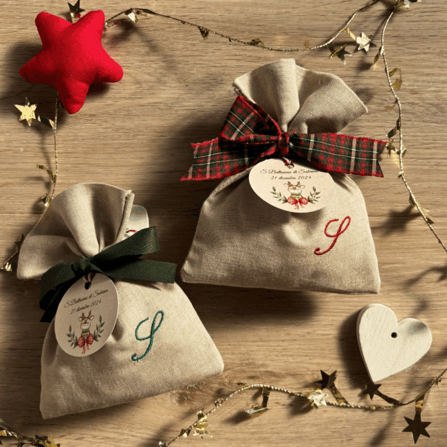 Sacchetti Bomboniere Personalizzate Battesimo natalizio ecrù