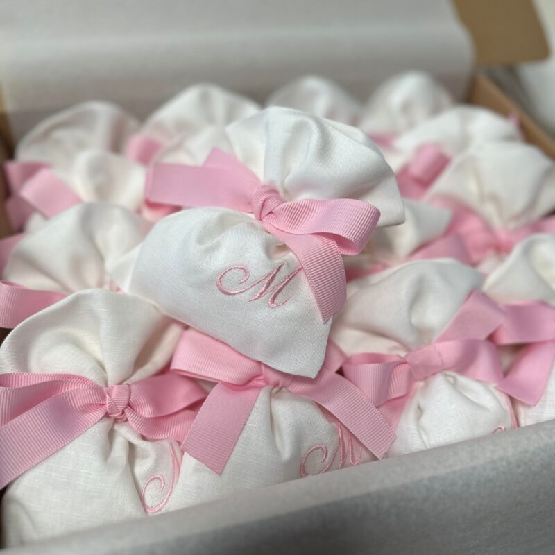Sacchetti bomboniere Battesimo personalizzate in misto lino canetè rosa baby