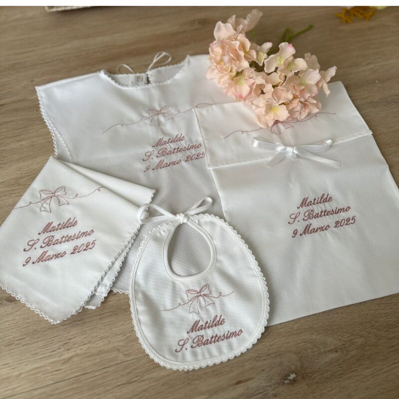 Set Battesimo fiocco 4 pezzi personalizzato in piquet