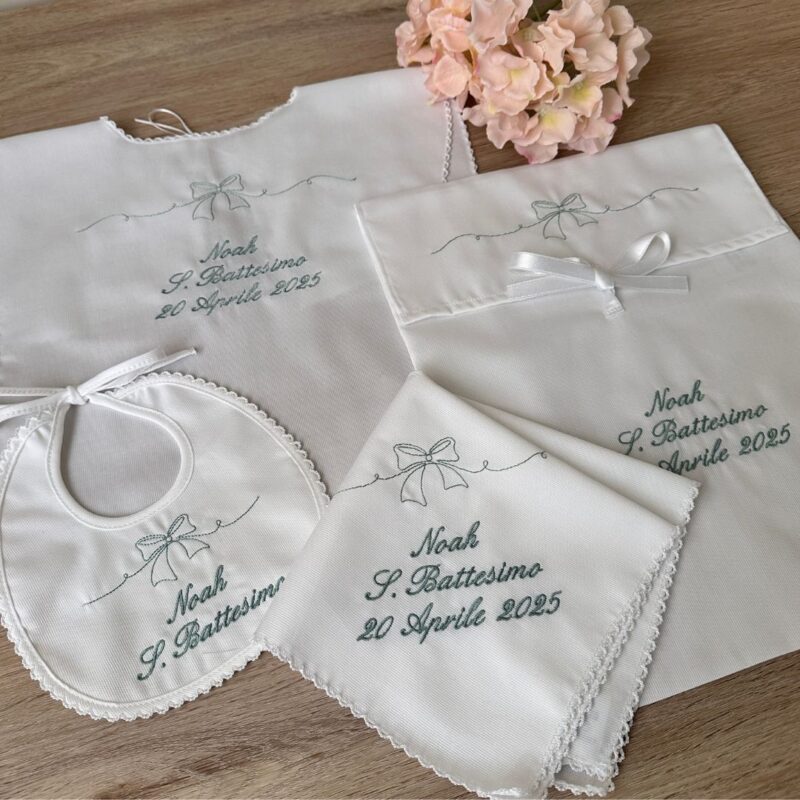 Set Battesimo fiocco 4 pezzi personalizzato in piquet