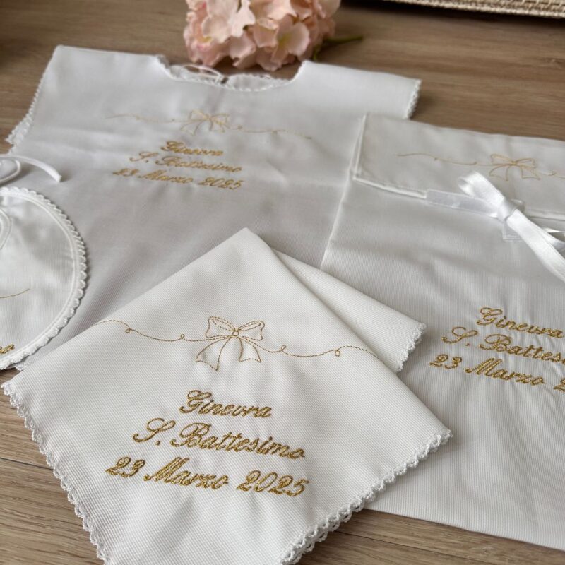 Set Battesimo fiocco 4 pezzi personalizzato in piquet