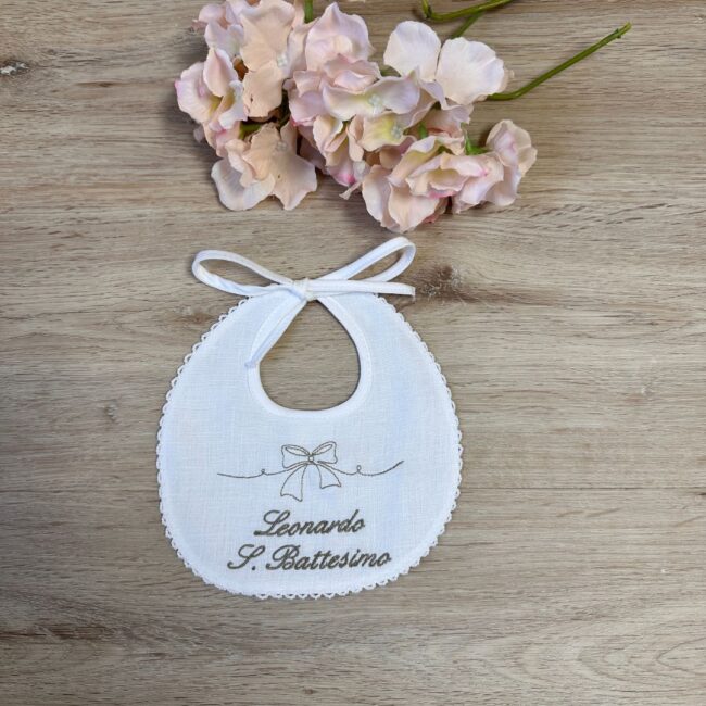 Bavaglino Battesimo fiocco Personalizzato in puro lino