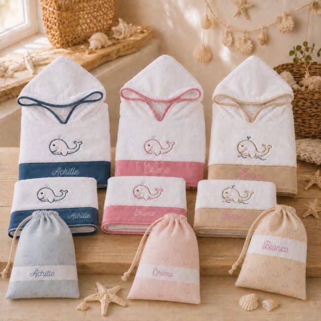 Set bagnetto 3 pezzi personalizzato con ricamo balena