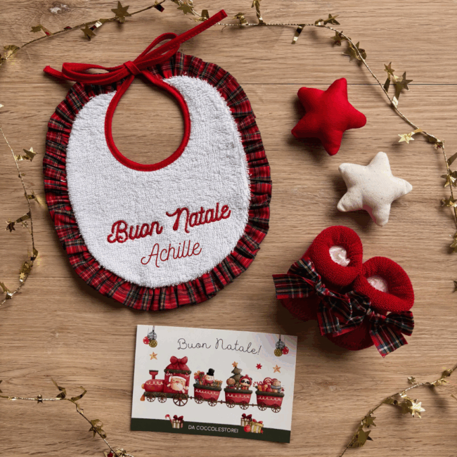 Set Regalo Bavaglino e Babbucce Scozzese personalizzato