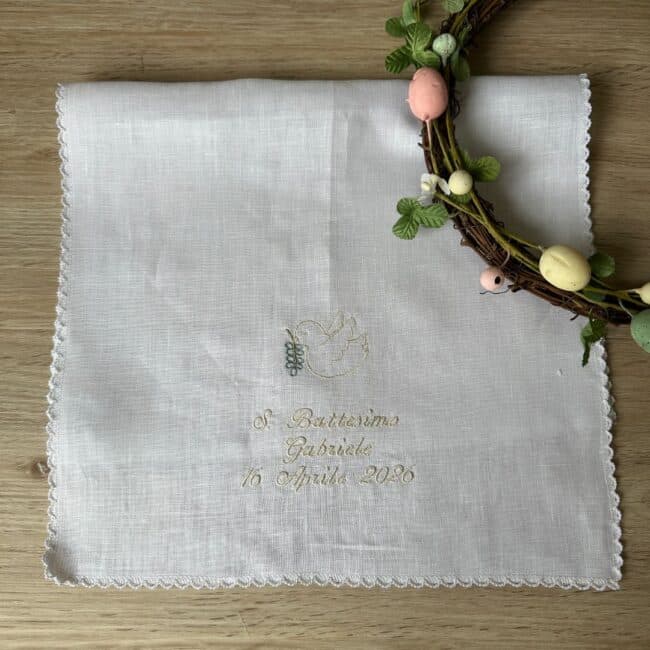 Lavetta Battesimo colomba con ulivo Personalizzata in Puro Lino