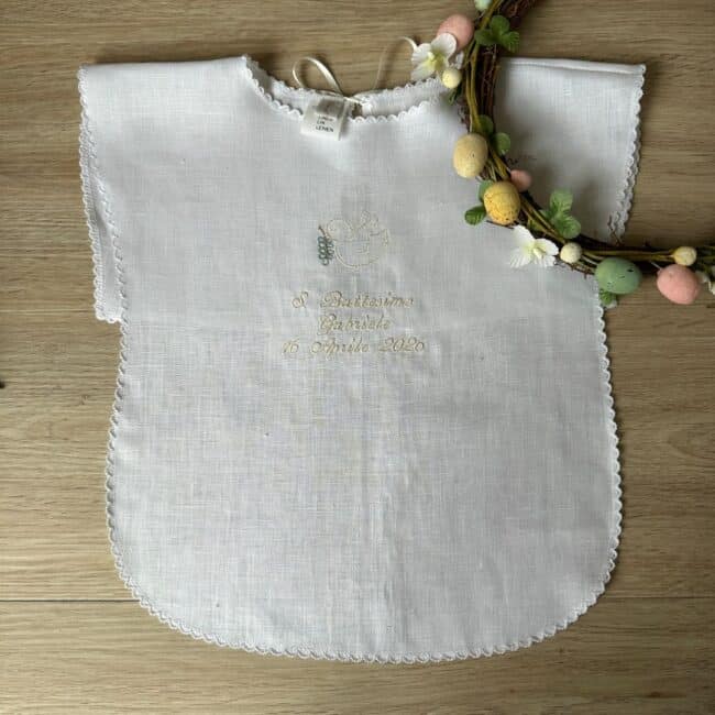 Vestina Battesimo colomba con ulivo Personalizzata in Puro Lino