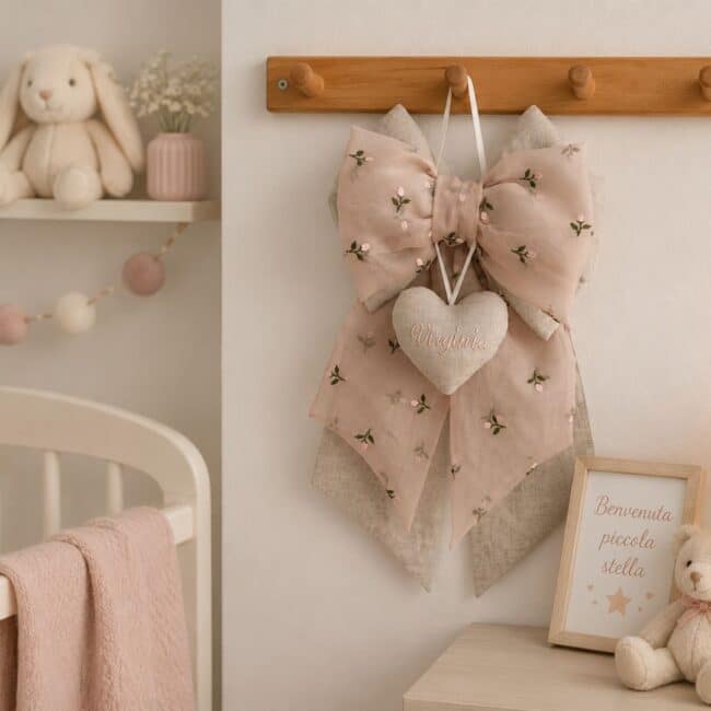 Un fiocco nascita elegante e delicato, realizzato in raffinata organza di seta ricamata, pensato per annunciare con dolcezza l’arrivo del tuo bambino o della tua bambina. La leggerezza dell’organza e i dettagli ricamati donano al fiocco uno stile romantico, luminoso e senza tempo, perfetto per decorare la porta di casa, la cameretta o la stanza della clinica. Personalizzabile con il nome del bambino, diventa un ricordo prezioso da conservare negli anni, ideale per chi desidera un annuncio nascita curato, raffinato e speciale.