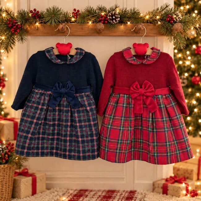 Abitino Natalizio in Maglia e Tartan con Fiocco
