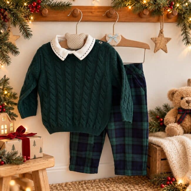 Completo bimbo con maglia in tricot e pantalone tartan