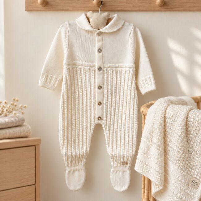 Tutina neonato traforata in pura lana merino