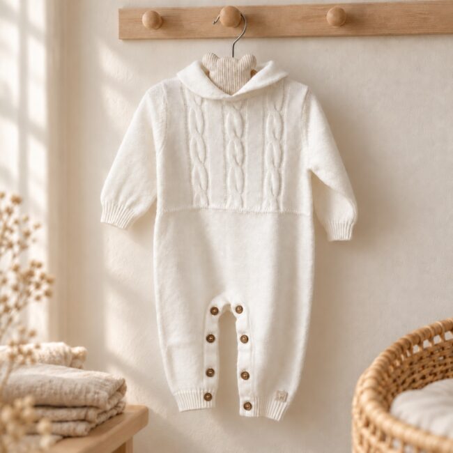 Tutina neonato a trecce in pura lana merino